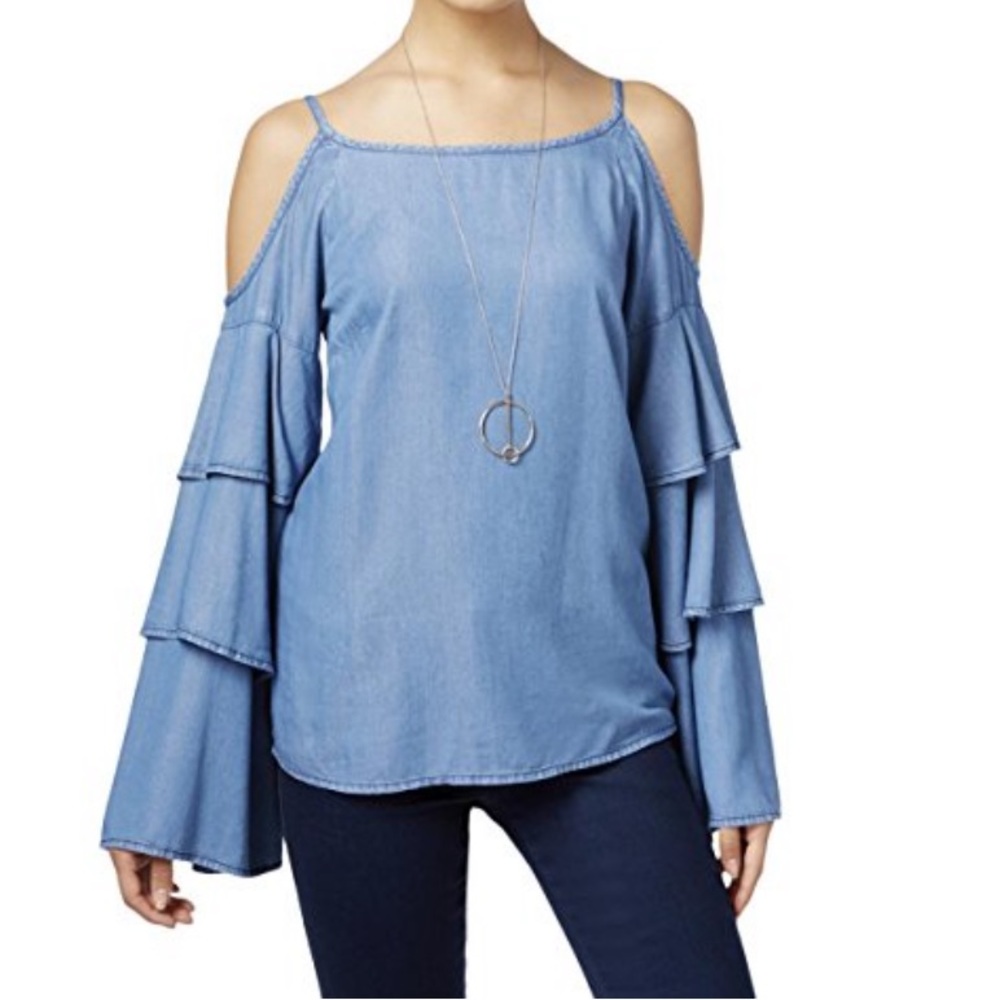 INC, cold shoulder, chambray top, bellowing sleeves, size 14, style factor 💯 - Picture 1 of 11